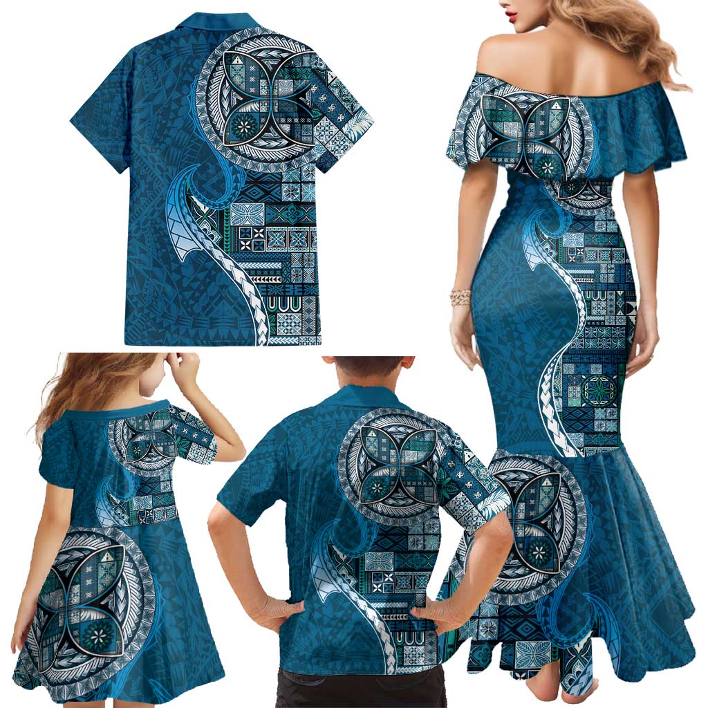 Samoan Siapo Art Tattoo Polynesian Pattern Family Matching Mermaid Dress and Hawaiian Shirt Teal Color - Polynesian Pride