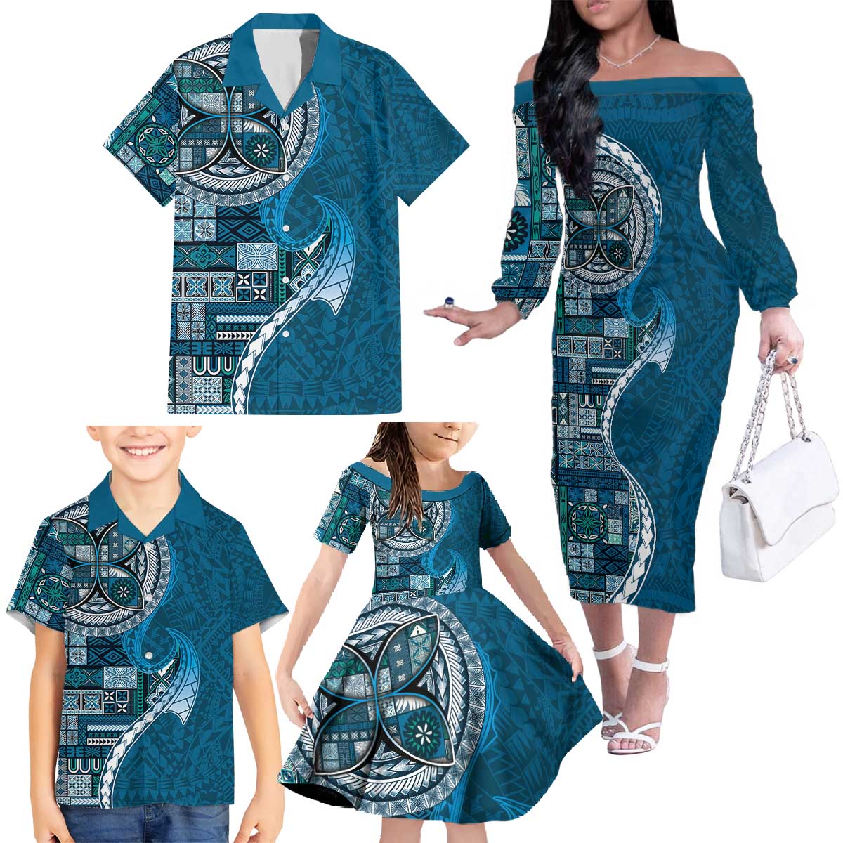 Samoan Siapo Art Tattoo Polynesian Pattern Family Matching Off The Shoulder Long Sleeve Dress and Hawaiian Shirt Teal Color - Polynesian Pride