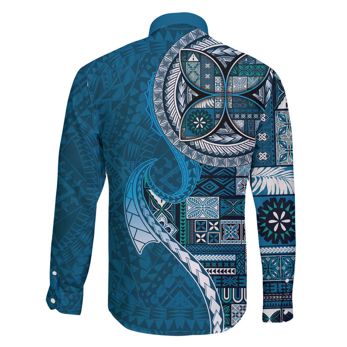 Samoan Siapo Art Tattoo Polynesian Pattern Family Matching Off The Shoulder Long Sleeve Dress and Hawaiian Shirt Teal Color - Polynesian Pride