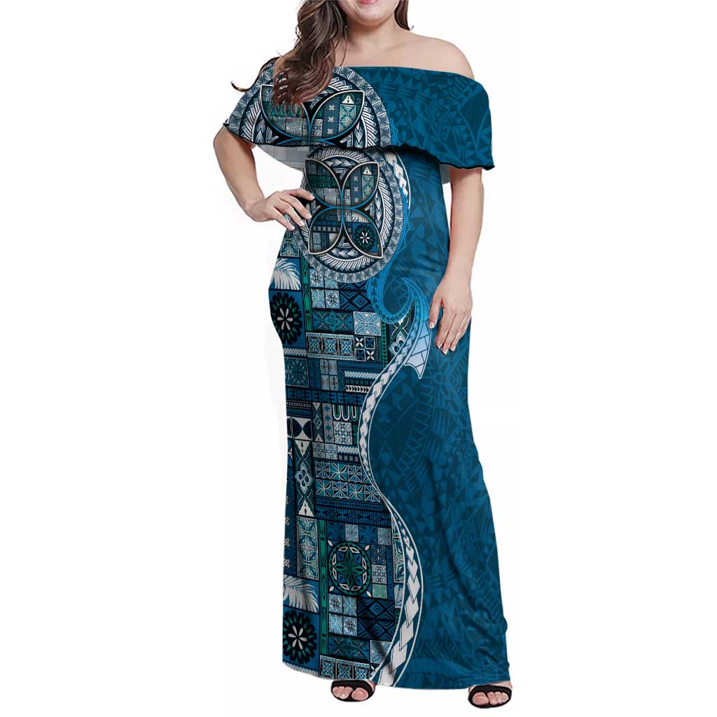 Samoan Siapo Art Tattoo Polynesian Pattern Family Matching Off Shoulder Maxi Dress and Hawaiian Shirt Teal Color - Polynesian Pride