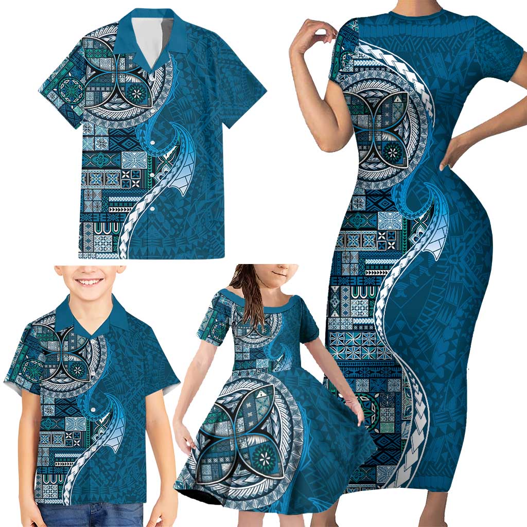 Samoan Siapo Art Tattoo Polynesian Pattern Family Matching Short Sleeve Bodycon Dress and Hawaiian Shirt Teal Color - Polynesian Pride