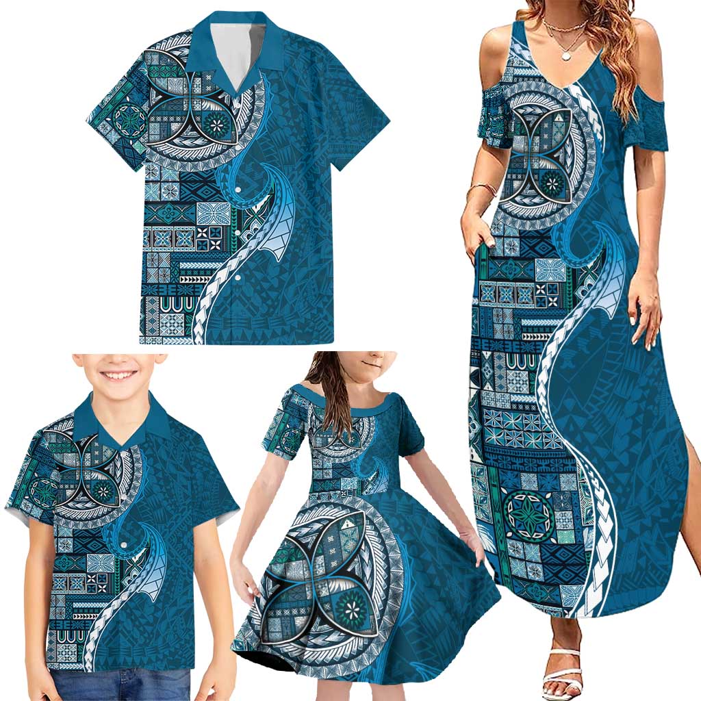 Samoan Siapo Art Tattoo Polynesian Pattern Family Matching Summer Maxi Dress and Hawaiian Shirt Teal Color - Polynesian Pride