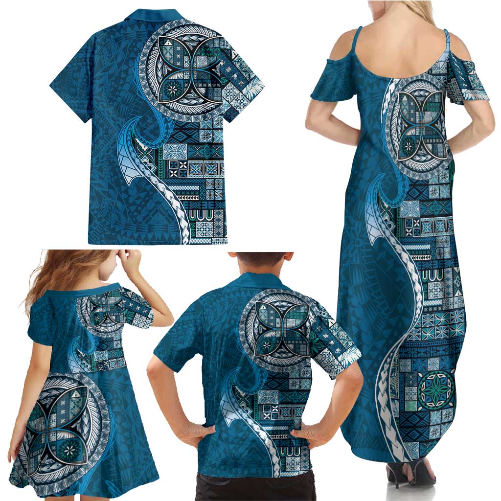 Samoan Siapo Art Tattoo Polynesian Pattern Family Matching Summer Maxi Dress and Hawaiian Shirt Teal Color - Polynesian Pride