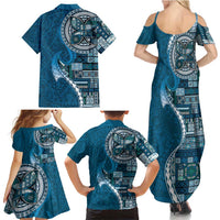 Samoan Siapo Art Tattoo Polynesian Pattern Family Matching Summer Maxi Dress and Hawaiian Shirt Teal Color - Polynesian Pride