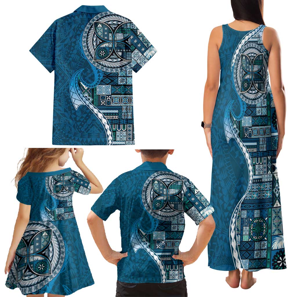 Samoan Siapo Art Tattoo Polynesian Pattern Family Matching Tank Maxi Dress and Hawaiian Shirt Teal Color - Polynesian Pride
