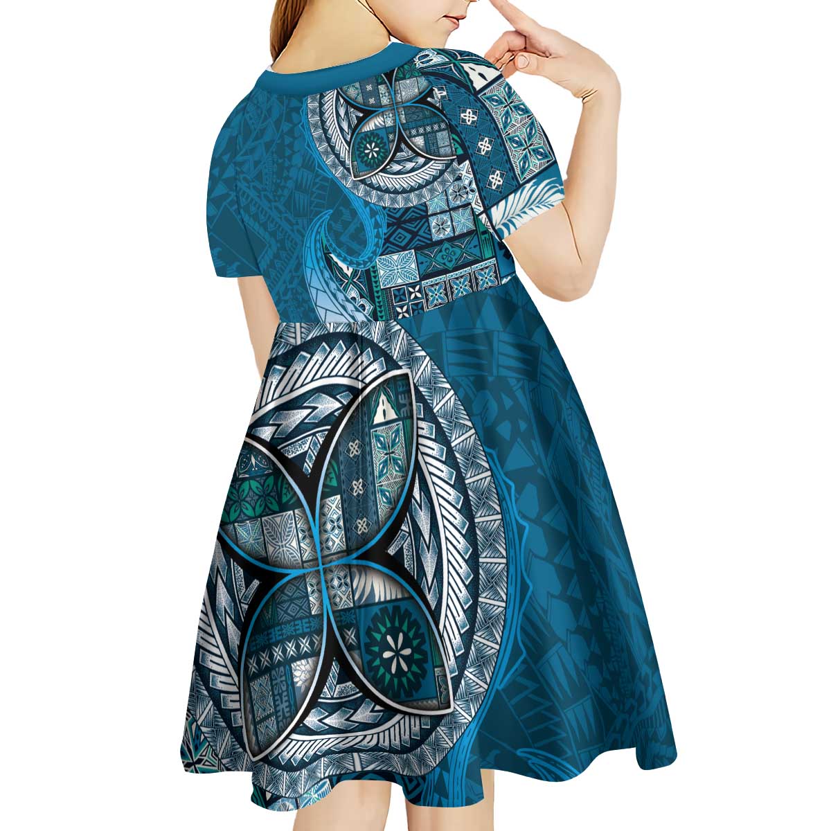 Samoan Siapo Art Tattoo Polynesian Pattern Kid Short Sleeve Dress Teal Color - Polynesian Pride