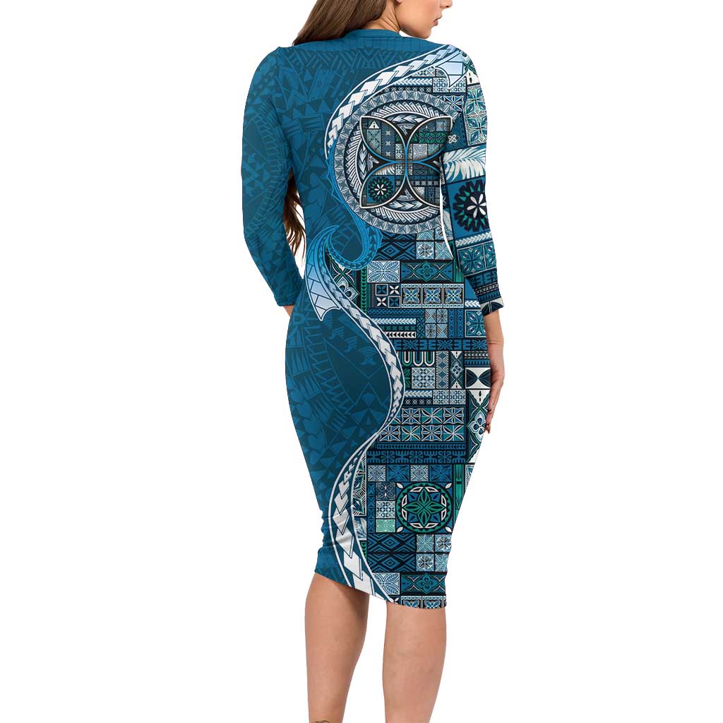Samoan Siapo Art Tattoo Polynesian Pattern Long Sleeve Bodycon Dress Teal Color - Polynesian Pride
