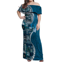 Samoan Siapo Art Tattoo Polynesian Pattern Off Shoulder Maxi Dress Teal Color - Polynesian Pride
