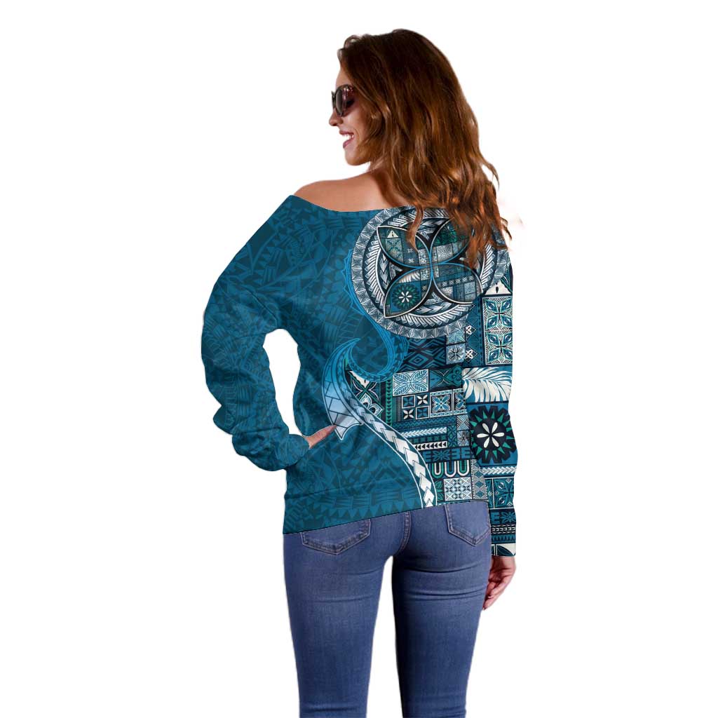 Samoan Siapo Art Tattoo Polynesian Pattern Off Shoulder Sweater Teal Color - Polynesian Pride