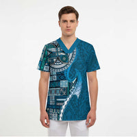 Samoan Siapo Art Tattoo Polynesian Pattern Scrub Top Teal Color - Polynesian Pride