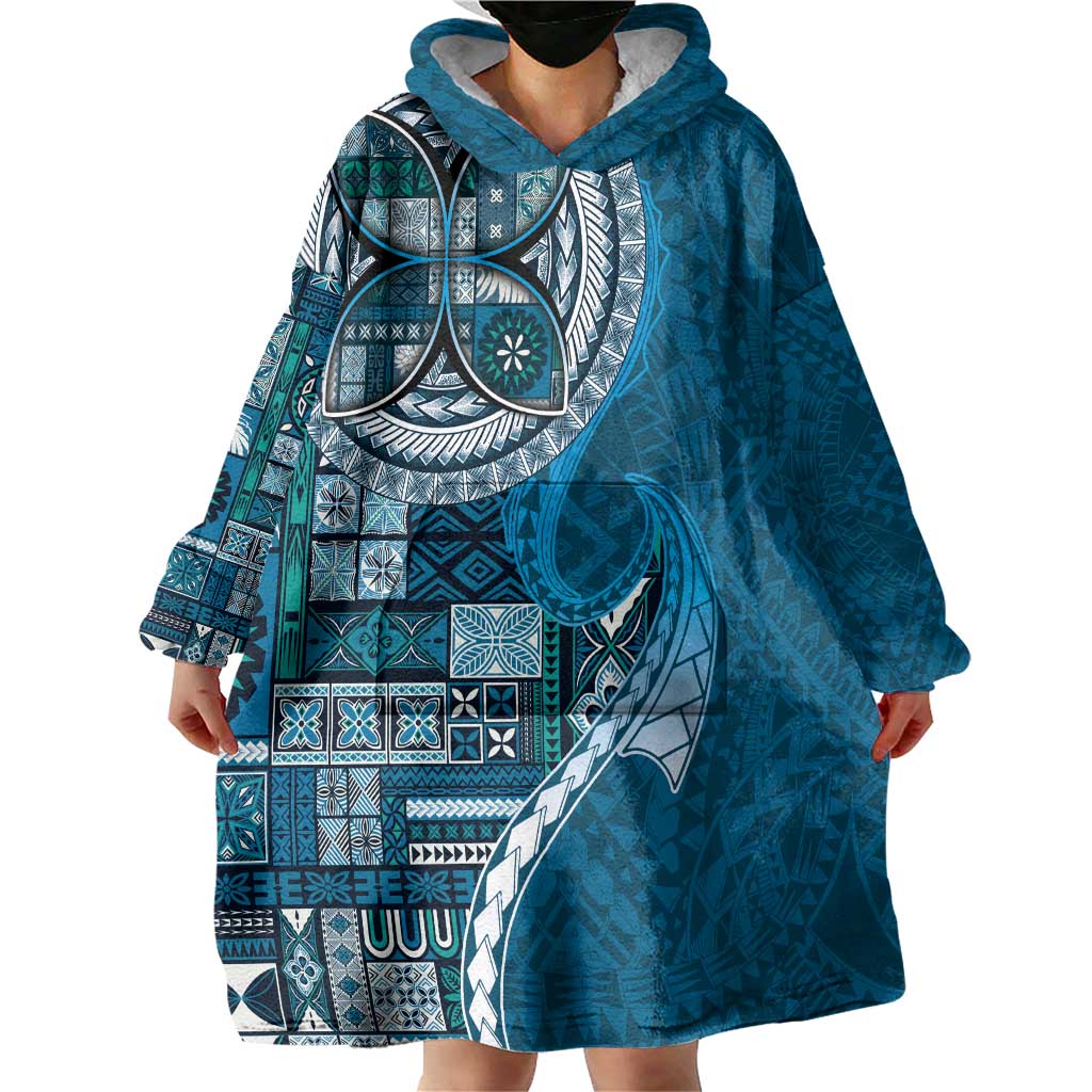 Samoan Siapo Art Tattoo Polynesian Pattern Wearable Blanket Hoodie Teal Color - Polynesian Pride