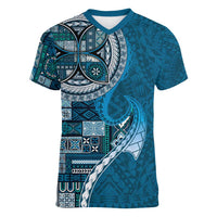 Samoan Siapo Art Tattoo Polynesian Pattern Women V-Neck T-Shirt Teal Color - Polynesian Pride