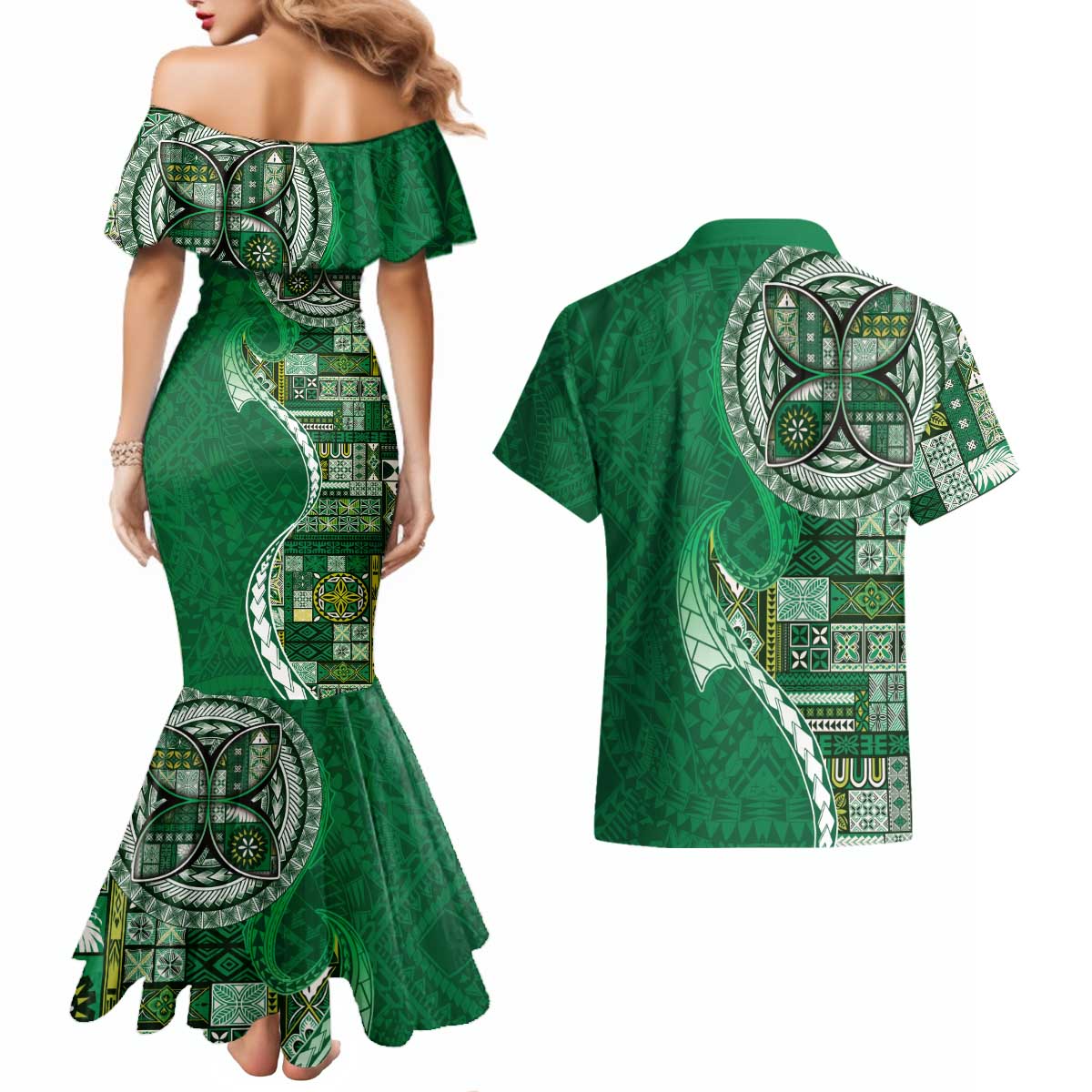Samoan Siapo Art Tattoo Polynesian Pattern Couples Matching Mermaid Dress and Hawaiian Shirt Green Color - Polynesian Pride