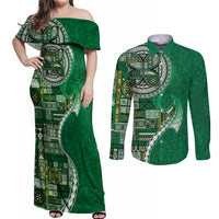 Samoan Siapo Art Tattoo Polynesian Pattern Couples Matching Off Shoulder Maxi Dress and Long Sleeve Button Shirt Green Color - Polynesian Pride