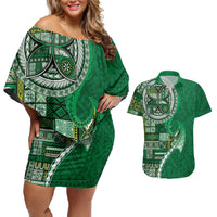 Samoan Siapo Art Tattoo Polynesian Pattern Couples Matching Off Shoulder Short Dress and Hawaiian Shirt Green Color - Polynesian Pride