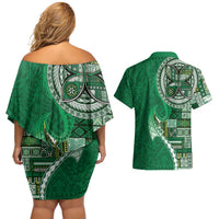 Samoan Siapo Art Tattoo Polynesian Pattern Couples Matching Off Shoulder Short Dress and Hawaiian Shirt Green Color - Polynesian Pride