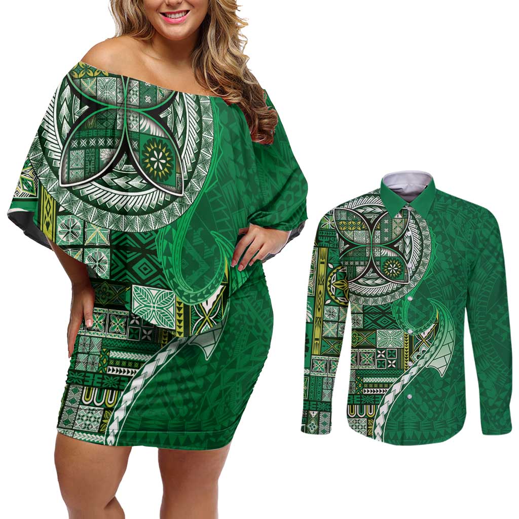 Samoan Siapo Art Tattoo Polynesian Pattern Couples Matching Off Shoulder Short Dress and Long Sleeve Button Shirt Green Color - Polynesian Pride