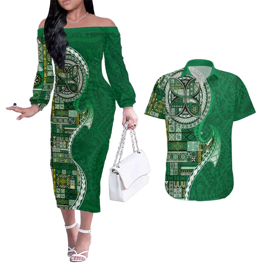 Samoan Siapo Art Tattoo Polynesian Pattern Couples Matching Off The Shoulder Long Sleeve Dress and Hawaiian Shirt Green Color - Polynesian Pride