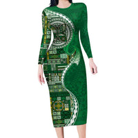 Samoan Siapo Art Tattoo Polynesian Pattern Family Matching Long Sleeve Bodycon Dress and Hawaiian Shirt Green Color - Polynesian Pride