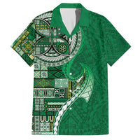 Samoan Siapo Art Tattoo Polynesian Pattern Family Matching Off The Shoulder Long Sleeve Dress and Hawaiian Shirt Green Color - Polynesian Pride