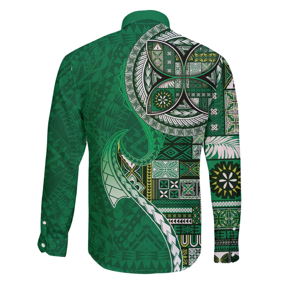 Samoan Siapo Art Tattoo Polynesian Pattern Family Matching Off The Shoulder Long Sleeve Dress and Hawaiian Shirt Green Color - Polynesian Pride