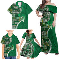 Samoan Siapo Art Tattoo Polynesian Pattern Family Matching Off Shoulder Maxi Dress and Hawaiian Shirt Green Color - Polynesian Pride