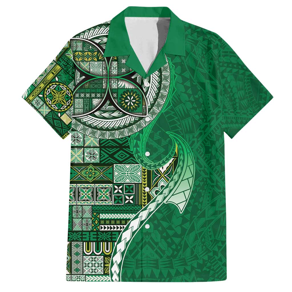 Samoan Siapo Art Tattoo Polynesian Pattern Family Matching Off Shoulder Maxi Dress and Hawaiian Shirt Green Color - Polynesian Pride