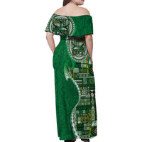 Samoan Siapo Art Tattoo Polynesian Pattern Family Matching Off Shoulder Maxi Dress and Hawaiian Shirt Green Color - Polynesian Pride