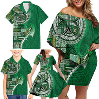 Samoan Siapo Art Tattoo Polynesian Pattern Family Matching Off Shoulder Short Dress and Hawaiian Shirt Green Color - Polynesian Pride