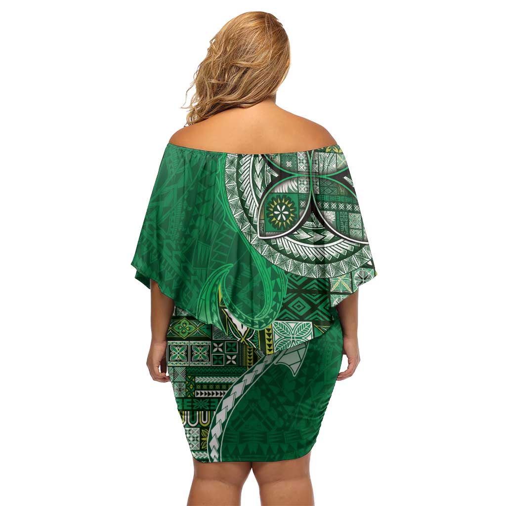 Samoan Siapo Art Tattoo Polynesian Pattern Family Matching Off Shoulder Short Dress and Hawaiian Shirt Green Color - Polynesian Pride