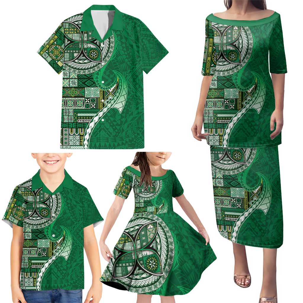 Samoan Siapo Art Tattoo Polynesian Pattern Family Matching Puletasi and Hawaiian Shirt Green Color - Polynesian Pride