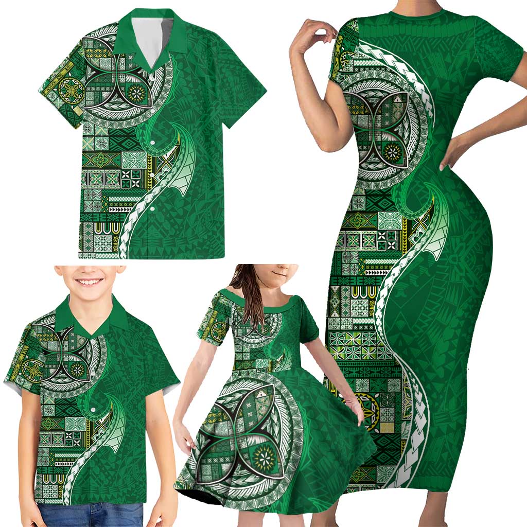 Samoan Siapo Art Tattoo Polynesian Pattern Family Matching Short Sleeve Bodycon Dress and Hawaiian Shirt Green Color - Polynesian Pride