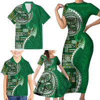 Samoan Siapo Art Tattoo Polynesian Pattern Family Matching Short Sleeve Bodycon Dress and Hawaiian Shirt Green Color - Polynesian Pride