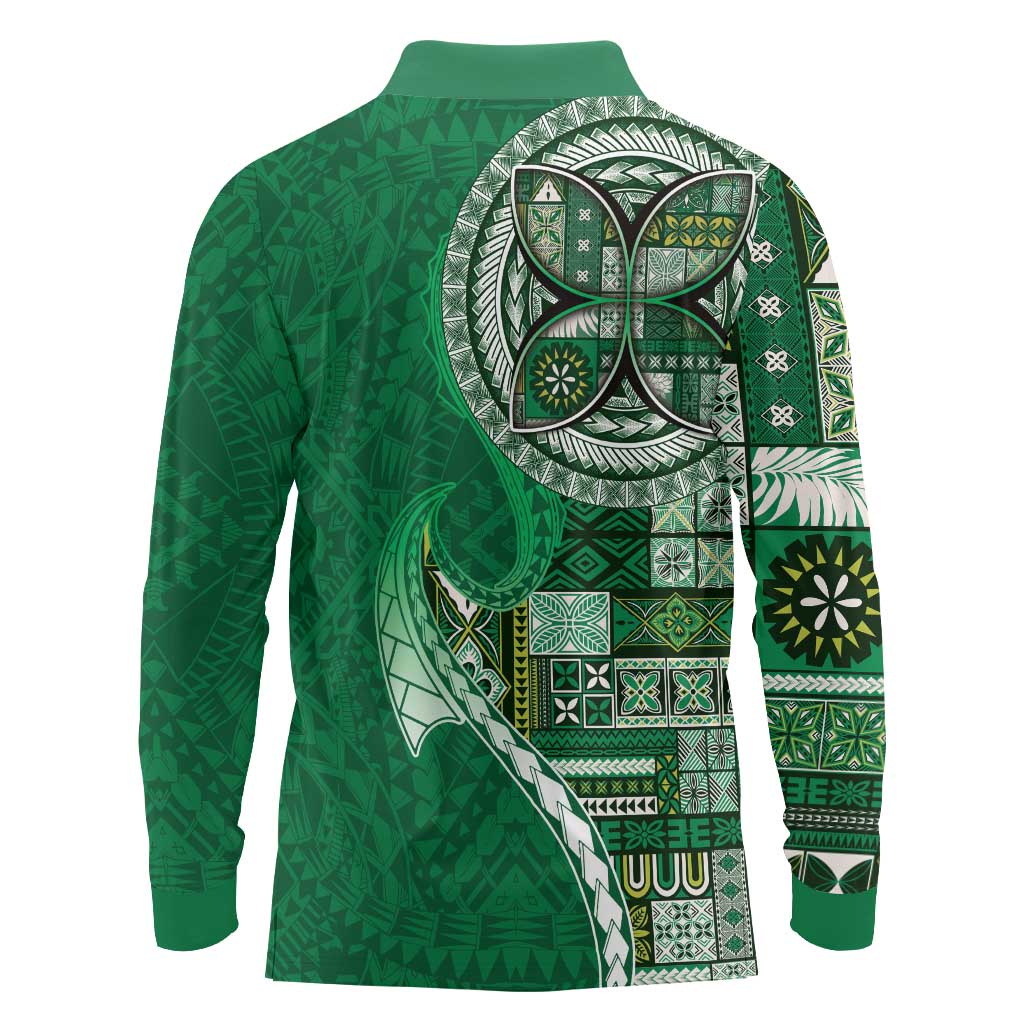 Samoan Siapo Art Tattoo Polynesian Pattern Long Sleeve Polo Shirt Green Color LT03 - Polynesian Pride