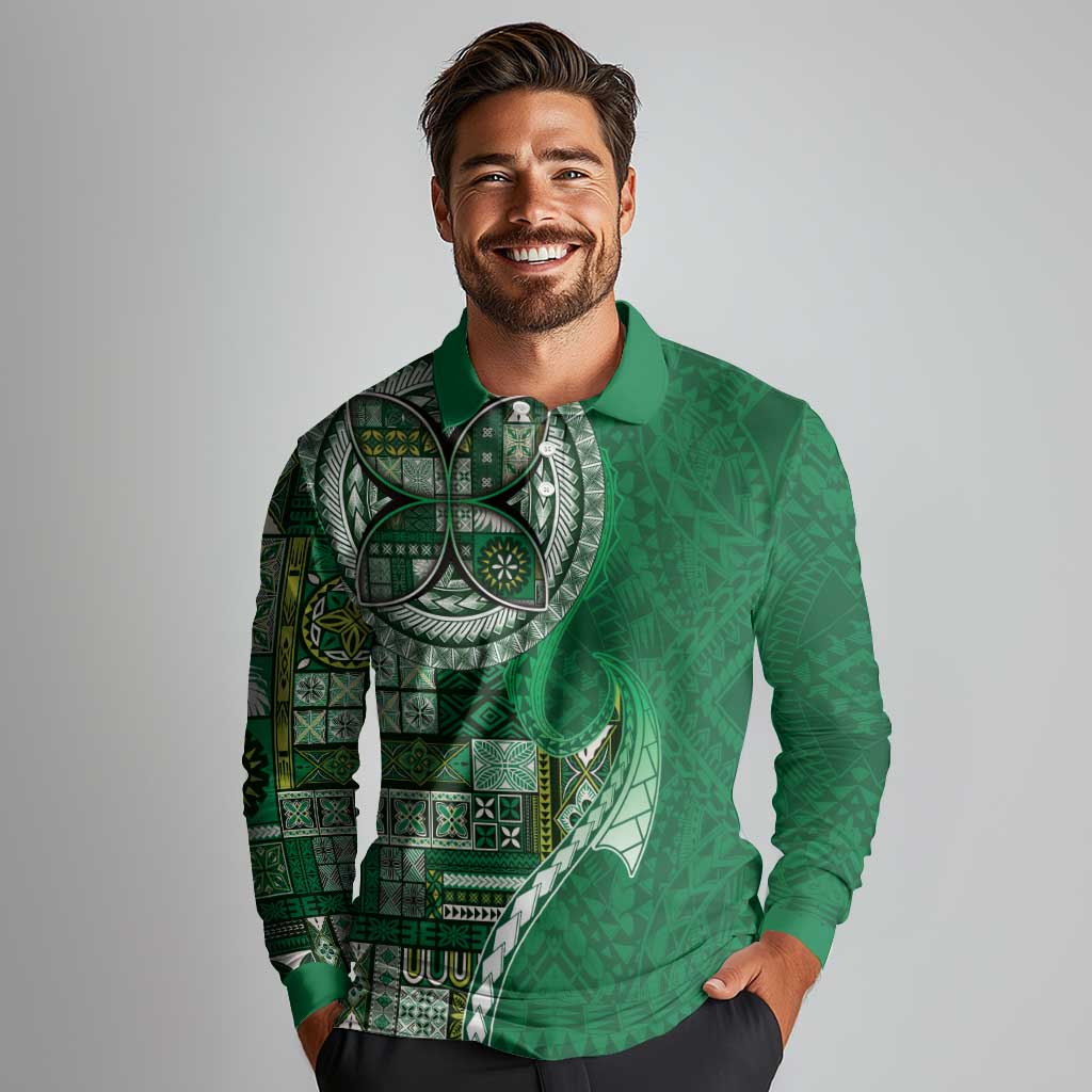Samoan Siapo Art Tattoo Polynesian Pattern Long Sleeve Polo Shirt Green Color LT03 - Polynesian Pride