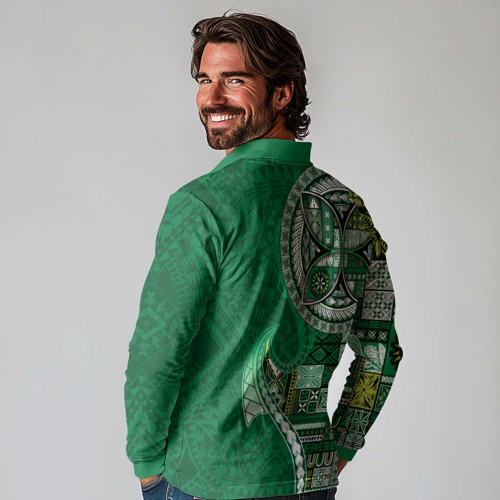 Samoan Siapo Art Tattoo Polynesian Pattern Long Sleeve Polo Shirt Green Color LT03 - Polynesian Pride