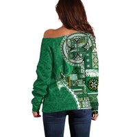 Samoan Siapo Art Tattoo Polynesian Pattern Off Shoulder Sweater Green Color - Polynesian Pride