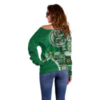 Samoan Siapo Art Tattoo Polynesian Pattern Off Shoulder Sweater Green Color - Polynesian Pride