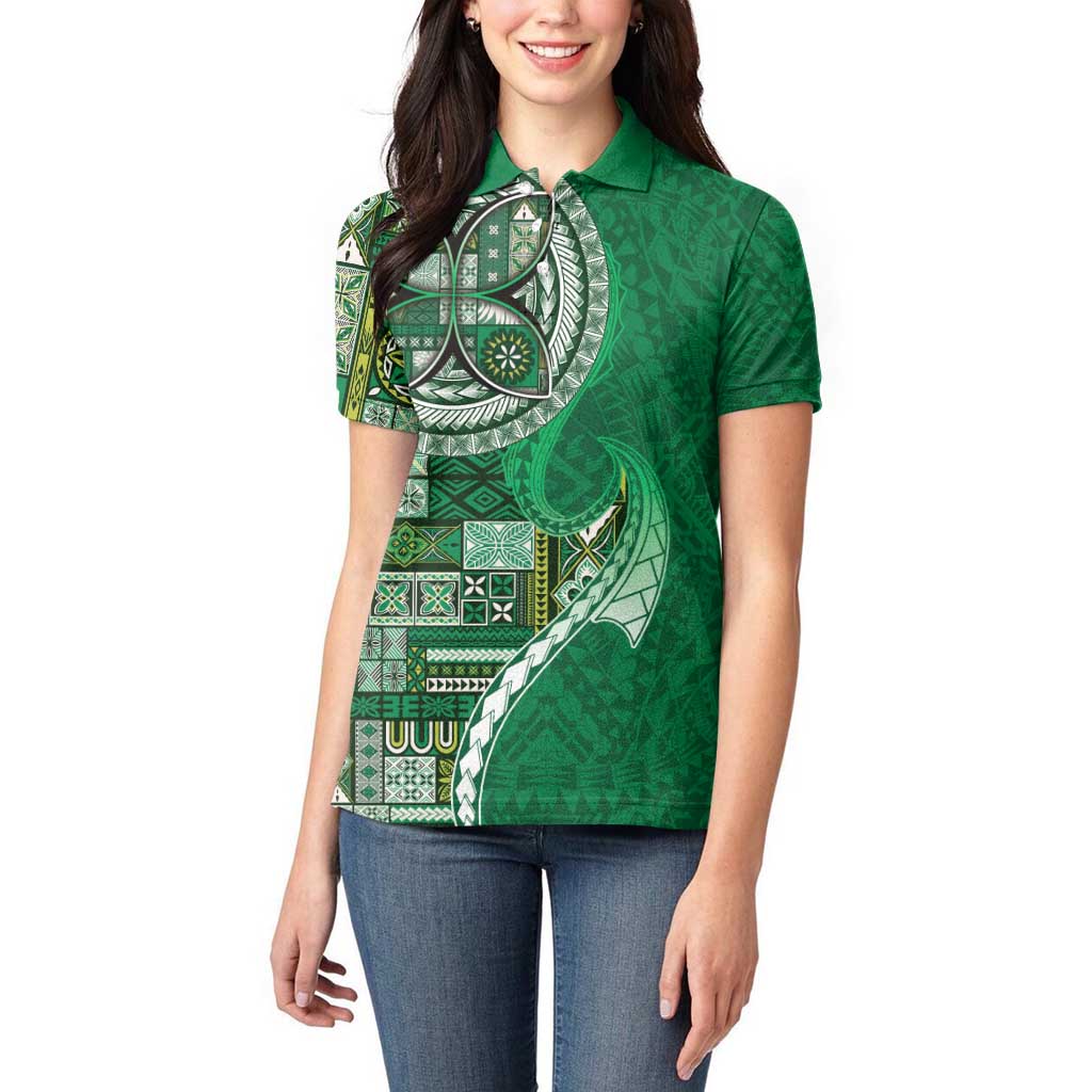 Samoan Siapo Art Tattoo Polynesian Pattern Women Polo Shirt Green Color - Polynesian Pride