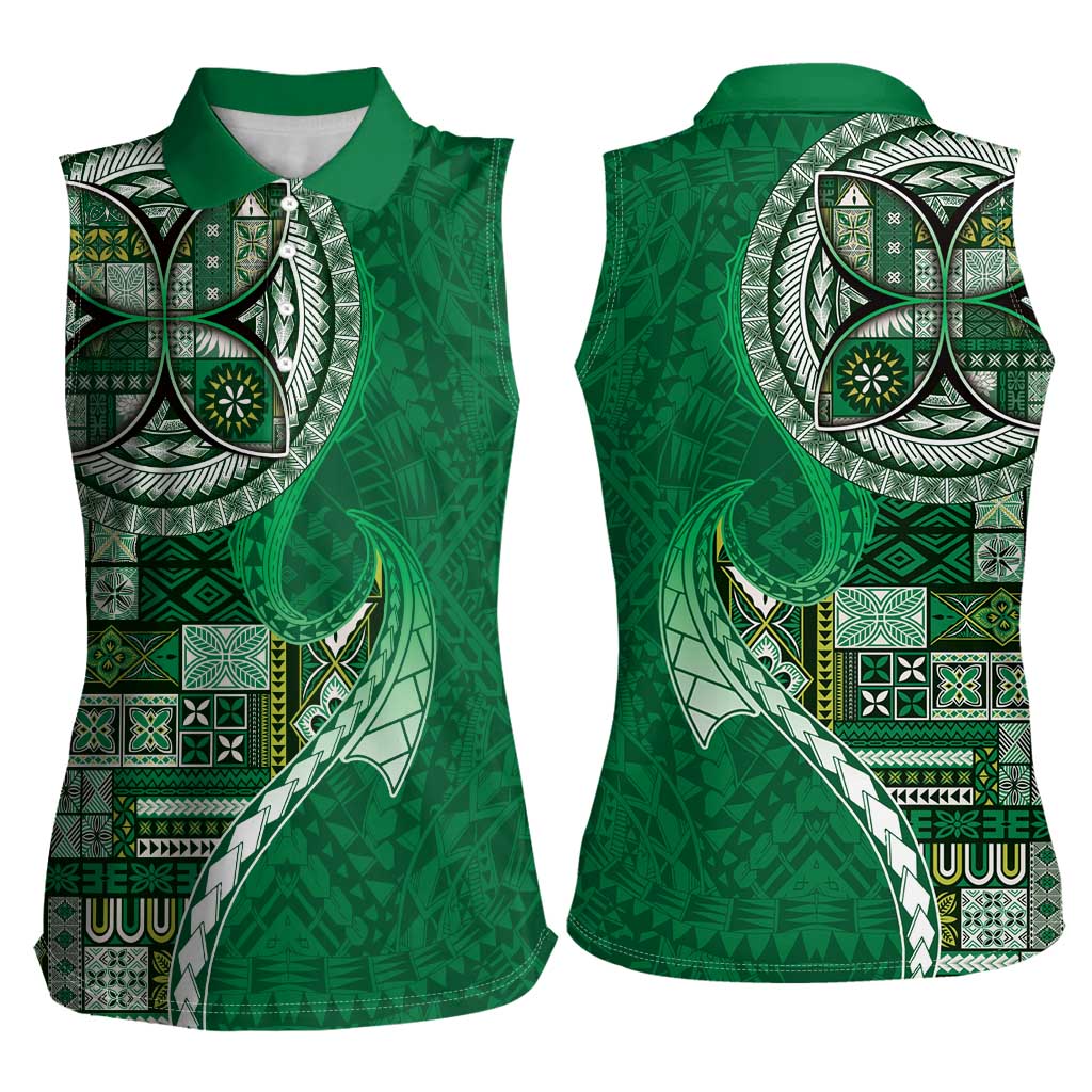 Samoan Siapo Art Tattoo Polynesian Pattern Women Sleeveless Polo Shirt Green Color - Polynesian Pride