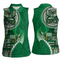 Samoan Siapo Art Tattoo Polynesian Pattern Women Sleeveless Polo Shirt Green Color - Polynesian Pride