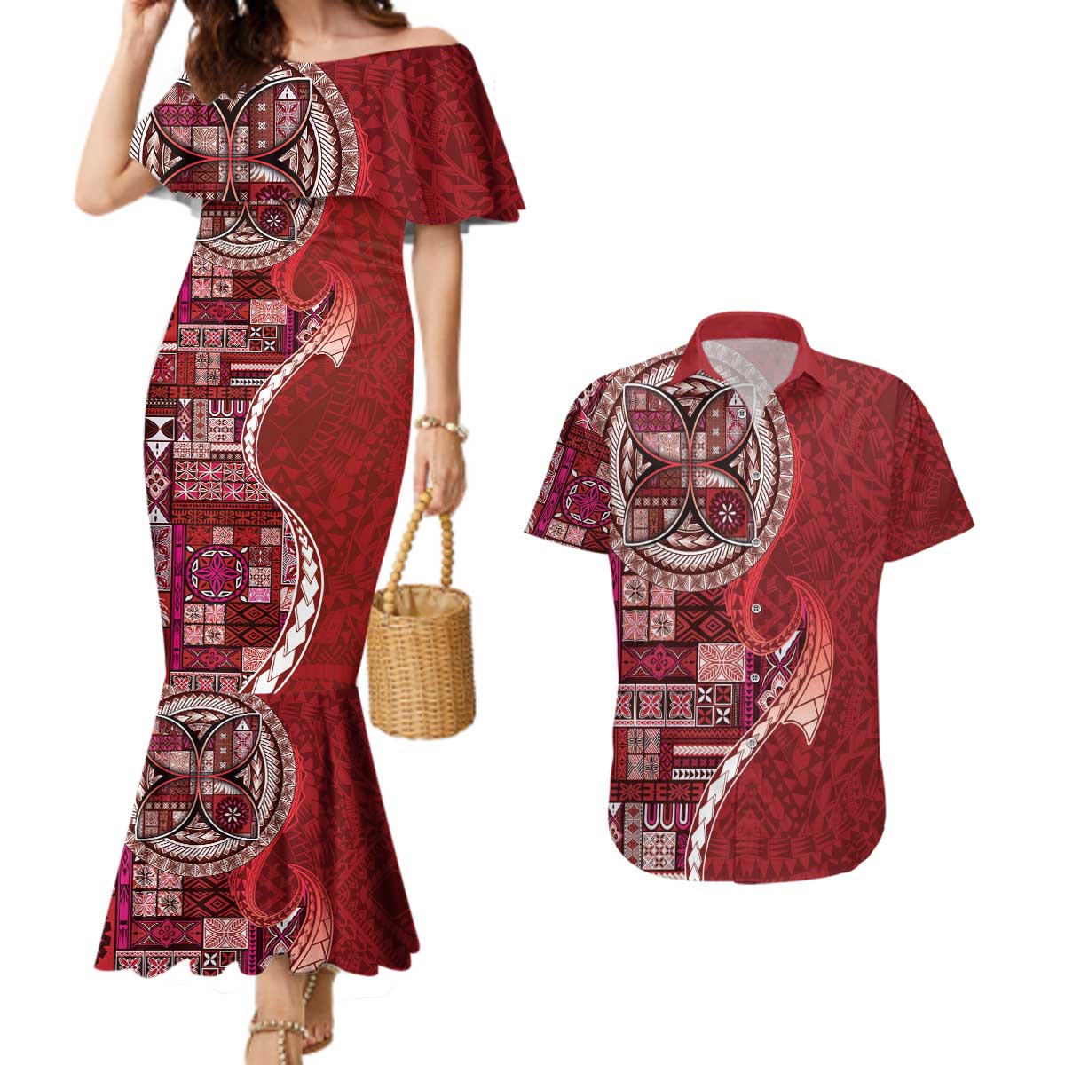Samoan Siapo Art Tattoo Polynesian Pattern Couples Matching Mermaid Dress and Hawaiian Shirt Red Color LT03 Red - Polynesian Pride