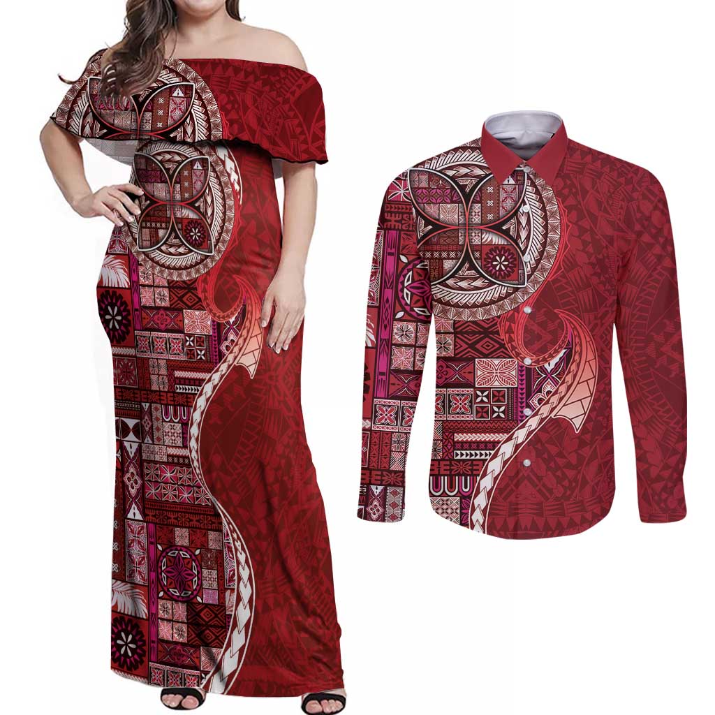 Samoan Siapo Art Tattoo Polynesian Pattern Couples Matching Off Shoulder Maxi Dress and Long Sleeve Button Shirt Red Color LT03 Red - Polynesian Pride
