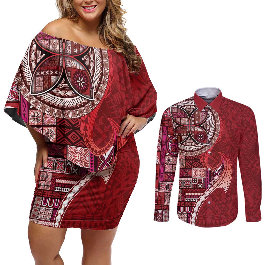 Samoan Siapo Art Tattoo Polynesian Pattern Couples Matching Off Shoulder Short Dress and Long Sleeve Button Shirt Red Color LT03 Red - Polynesian Pride