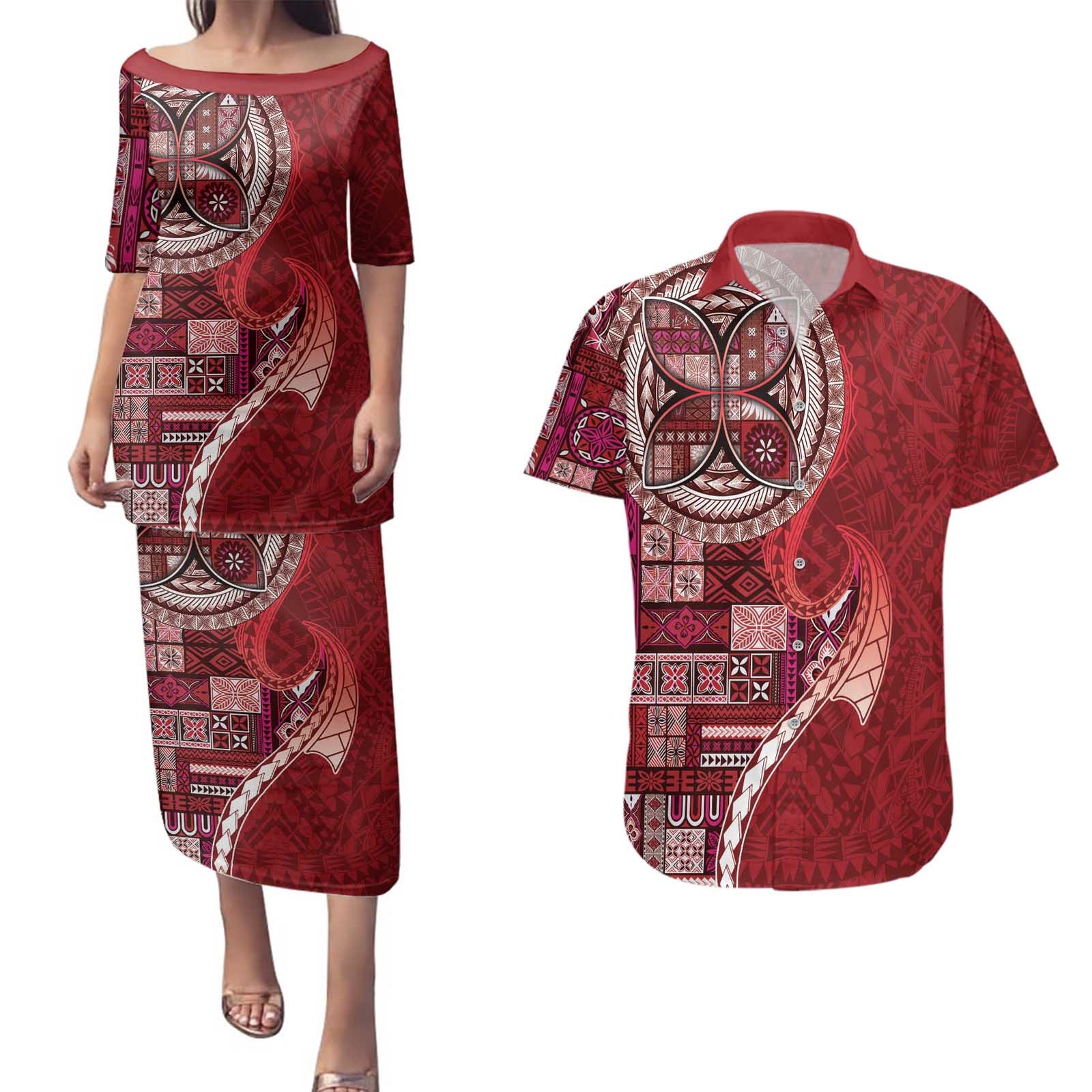 Samoan Siapo Art Tattoo Polynesian Pattern Couples Matching Puletasi and Hawaiian Shirt Red Color LT03 Red - Polynesian Pride