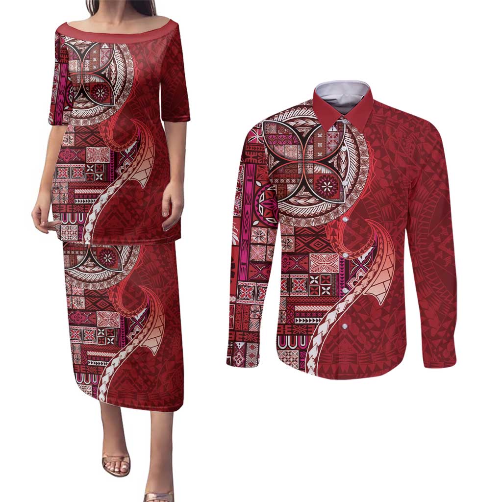 Samoan Siapo Art Tattoo Polynesian Pattern Couples Matching Puletasi and Long Sleeve Button Shirt Red Color LT03 Red - Polynesian Pride