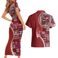 Samoan Siapo Art Tattoo Polynesian Pattern Couples Matching Short Sleeve Bodycon Dress and Hawaiian Shirt Red Color - Polynesian Pride