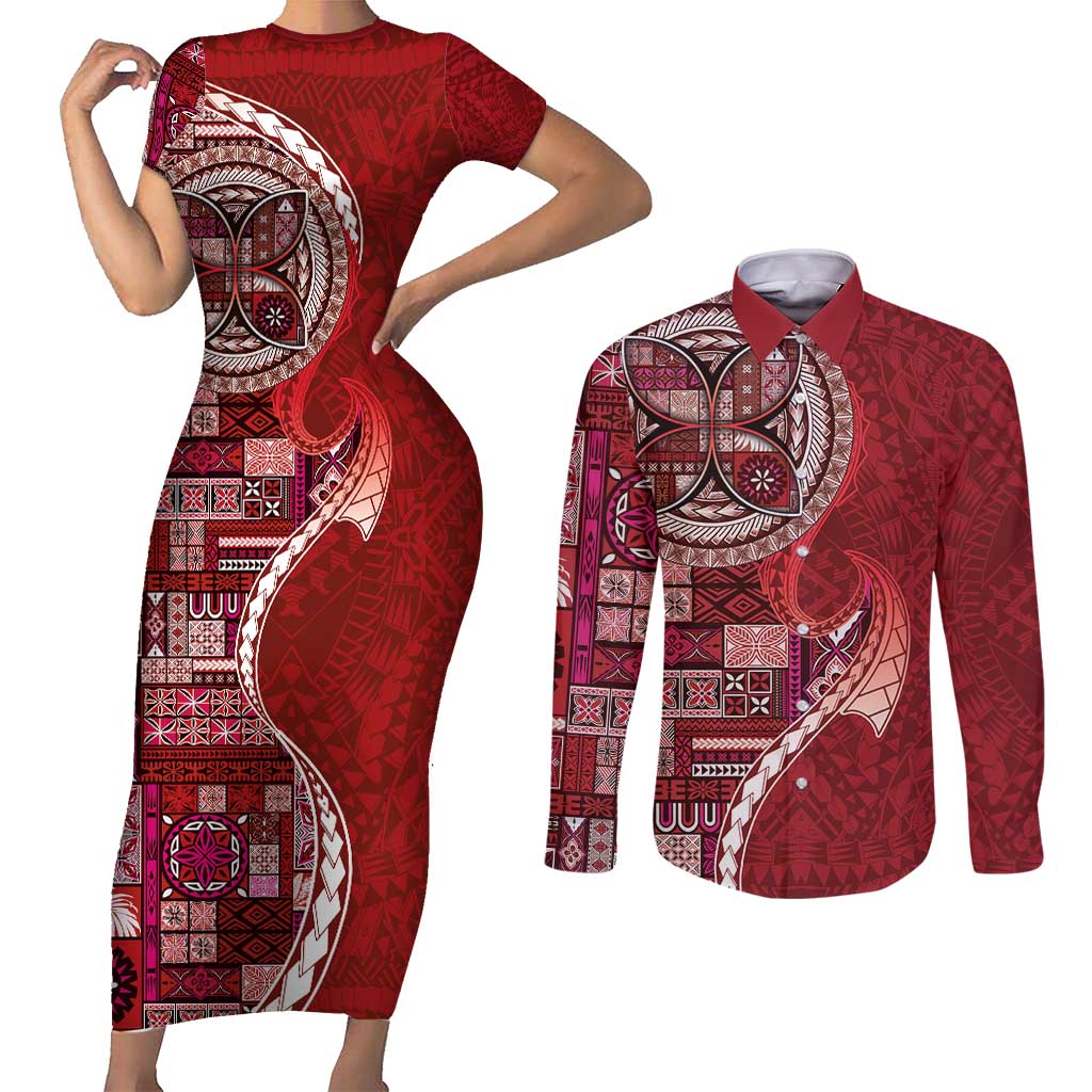 Samoan Siapo Art Tattoo Polynesian Pattern Couples Matching Short Sleeve Bodycon Dress and Long Sleeve Button Shirt Red Color LT03 Red - Polynesian Pride
