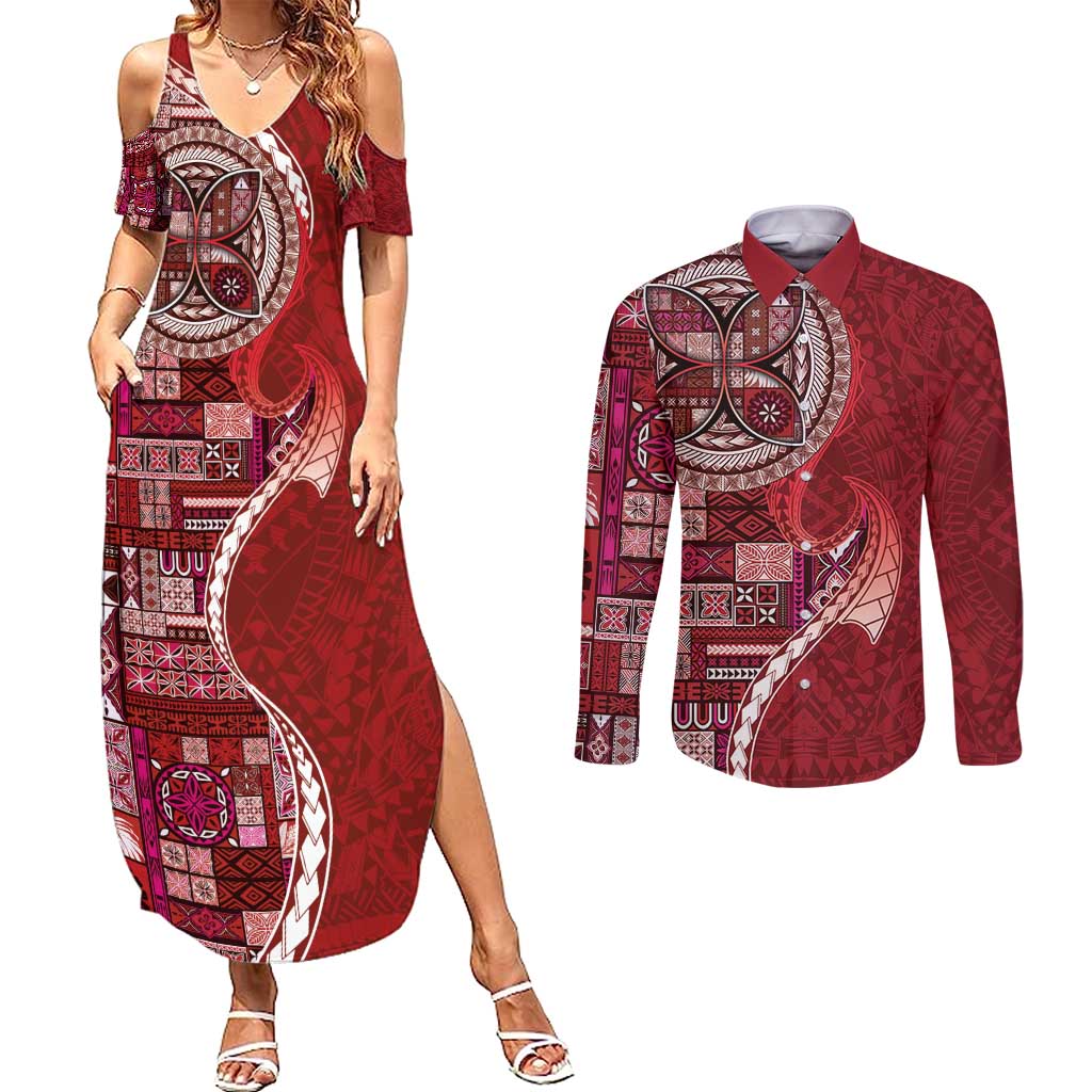 Samoan Siapo Art Tattoo Polynesian Pattern Couples Matching Summer Maxi Dress and Long Sleeve Button Shirt Red Color LT03 Red - Polynesian Pride