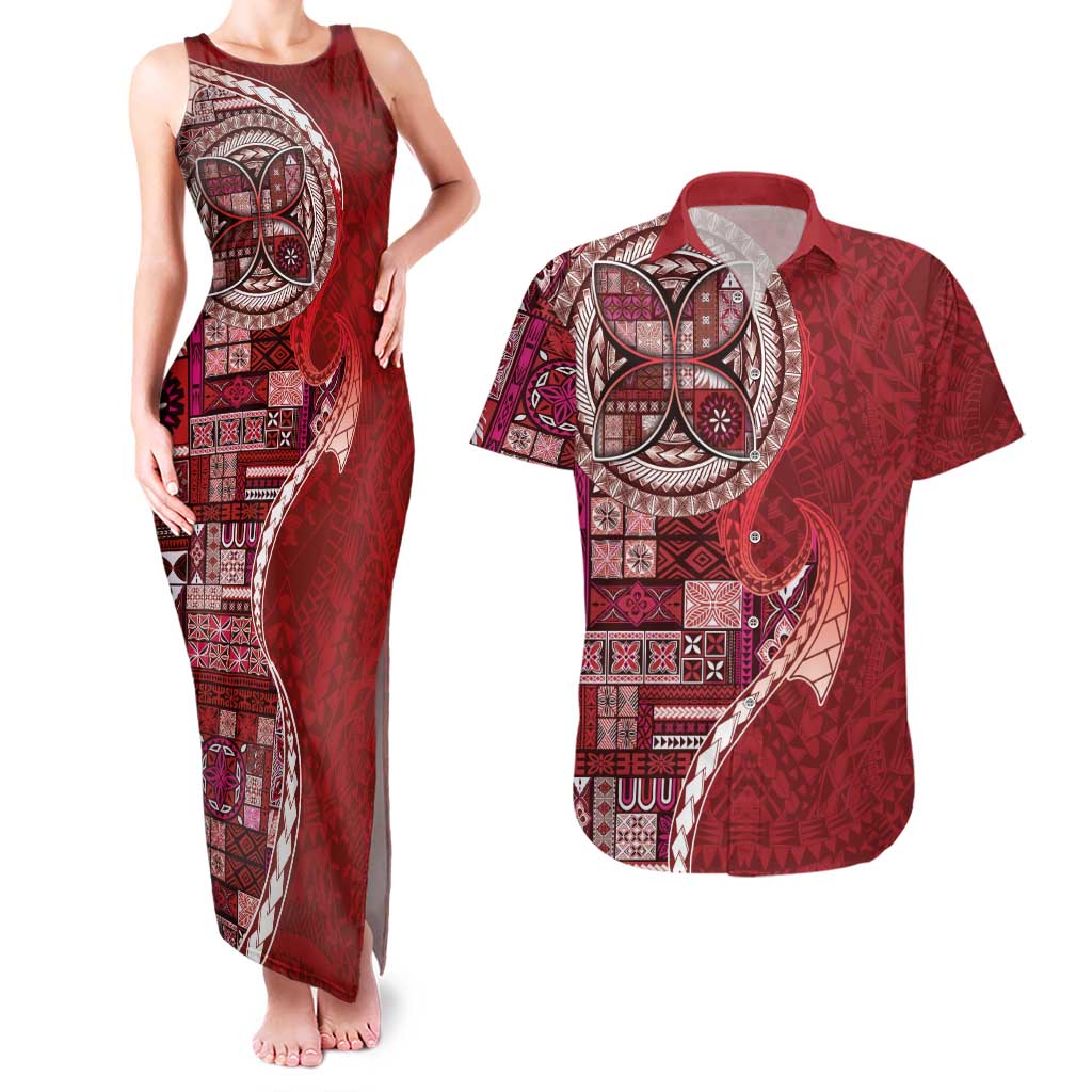 Samoan Siapo Art Tattoo Polynesian Pattern Couples Matching Tank Maxi Dress and Hawaiian Shirt Red Color LT03 Red - Polynesian Pride